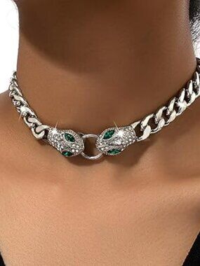 NEW Silver Snake Choker Necklace Rhinestone Snake Head Cuban Link Chain Fashion